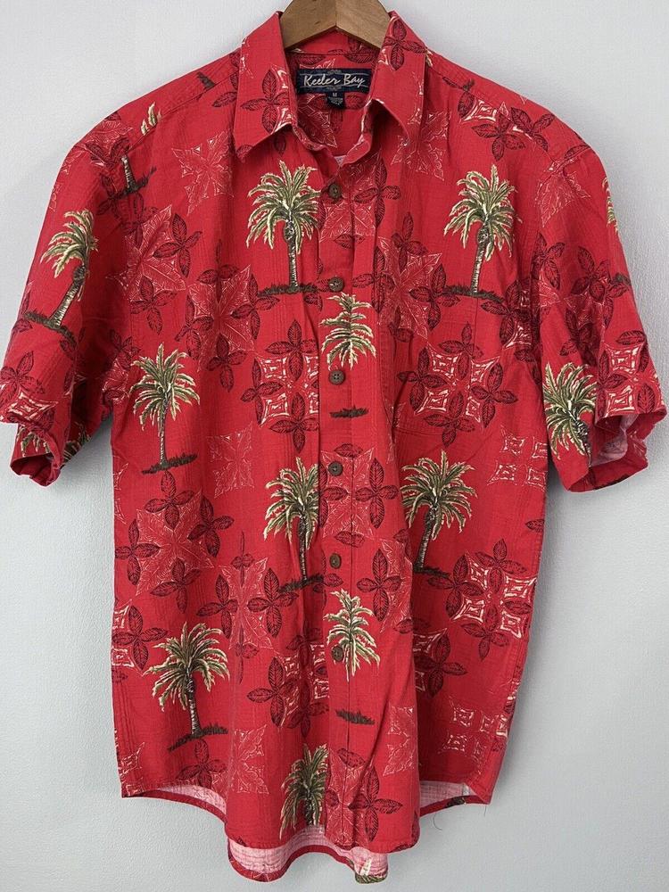 Keeler Bay Men's Hawaiian Print Palm Tree Short Sleeve Button-Up Shirt Red M